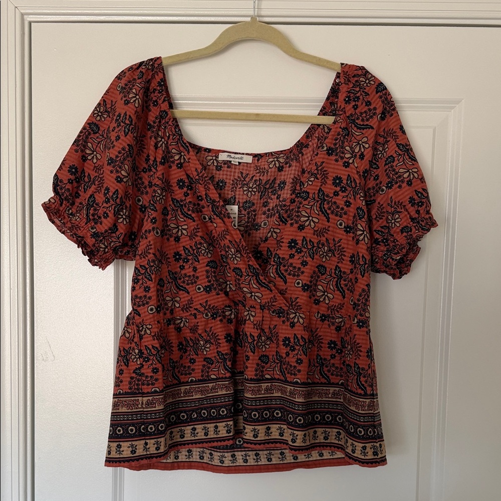 Madewell Rust Red Floral Print Puff Sleeve Blouse